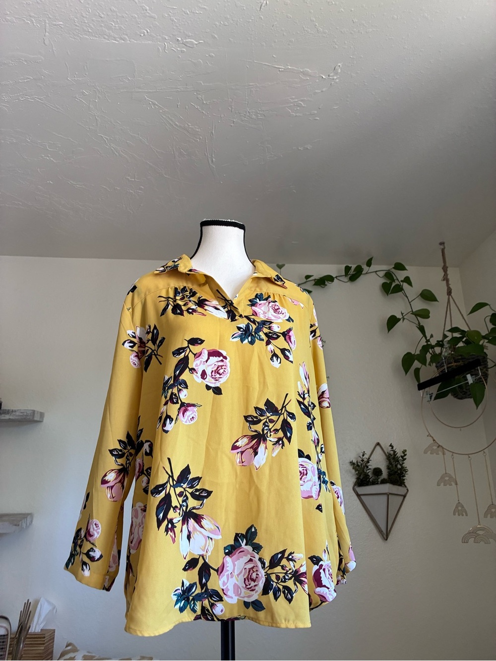 Van Heusen Mustard Yellow Floral Tunic Blouse M